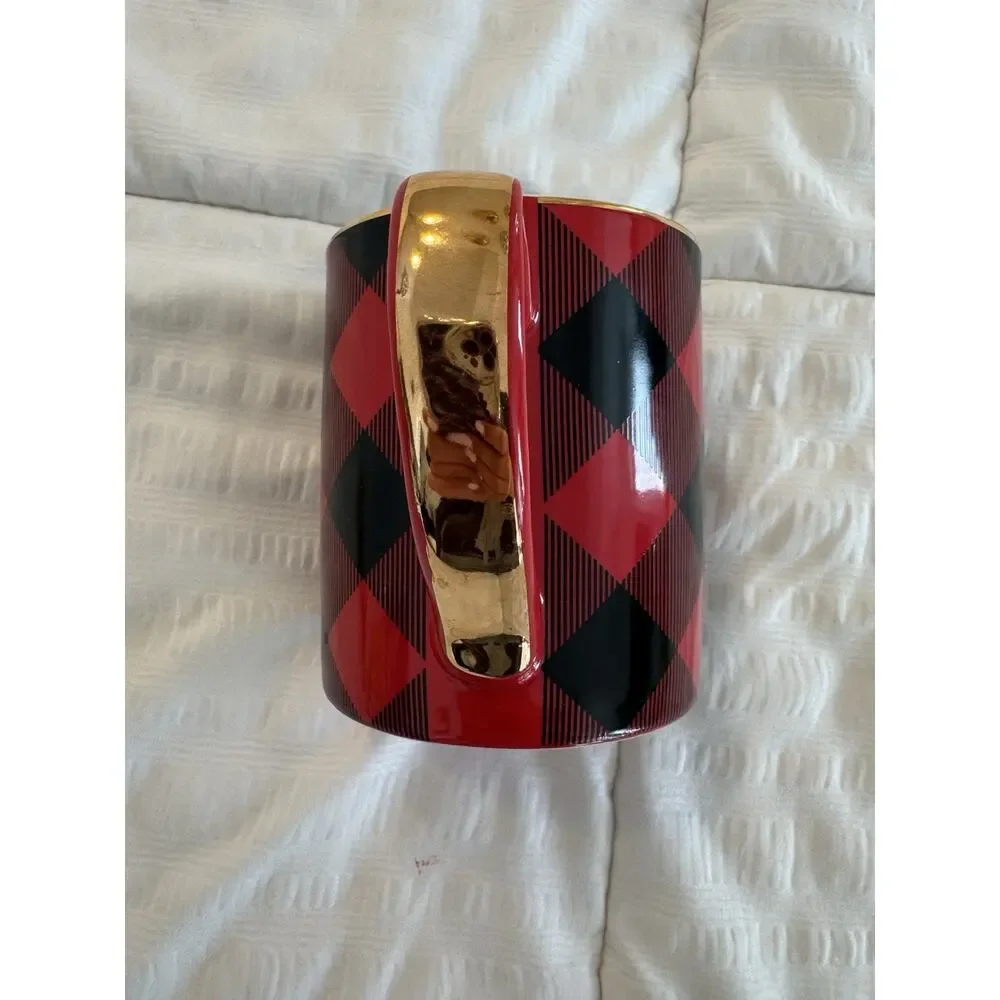 Paper Source Red Black Gold Mug Christmas Holiday Old Money Coffee Tea Plaid